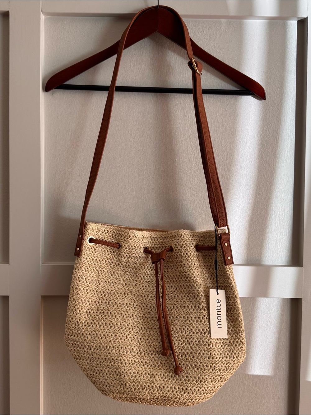 Montce Natural Straw Shoulder Bag with Brown Trim